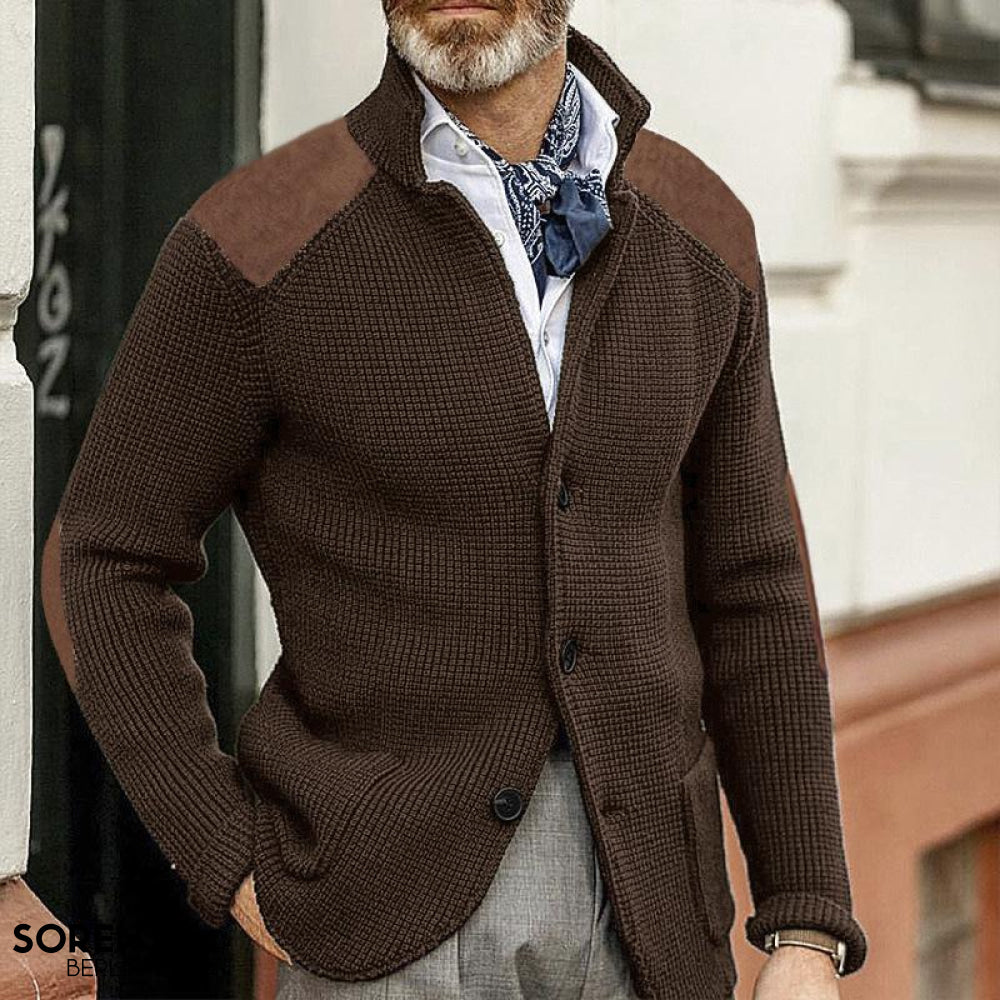 Men's textured button-front blazer with stand collar and long sleeves