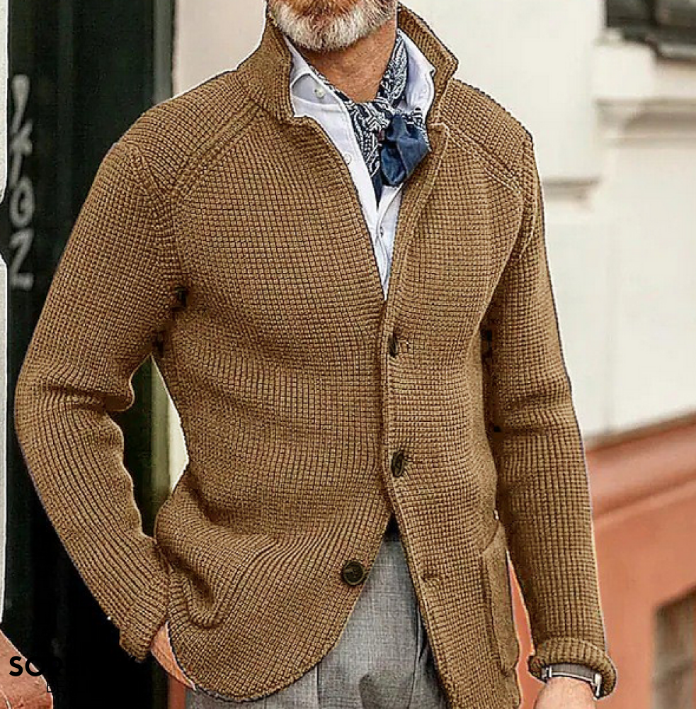 Men's textured button-front blazer with stand collar and long sleeves