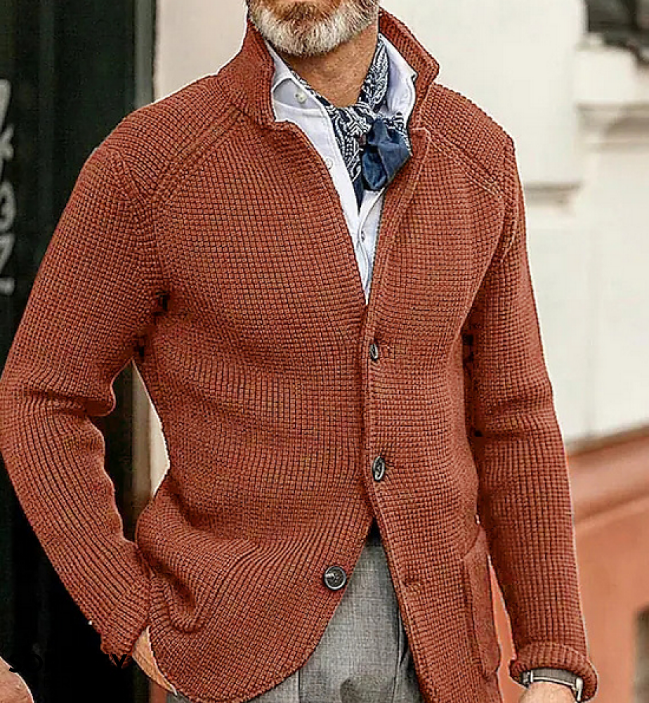 Men's textured button-front blazer with stand collar and long sleeves