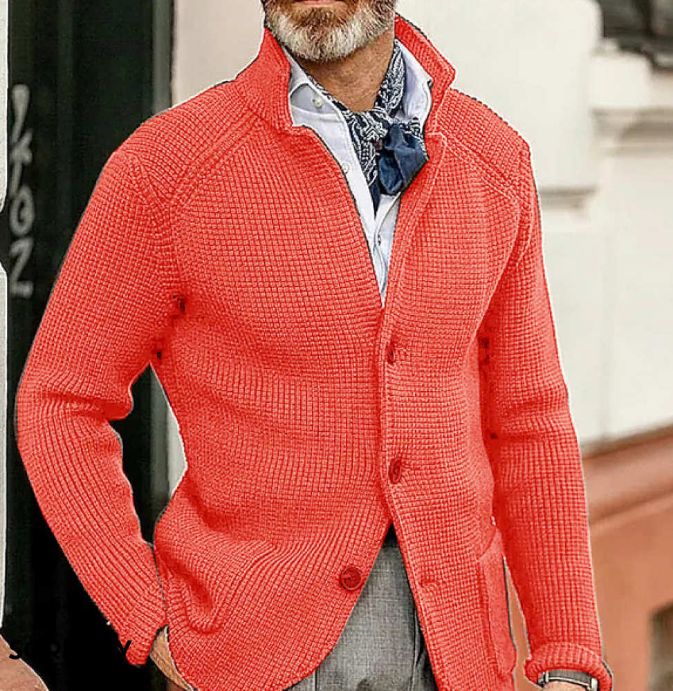 Men's textured button-front blazer with stand collar and long sleeves