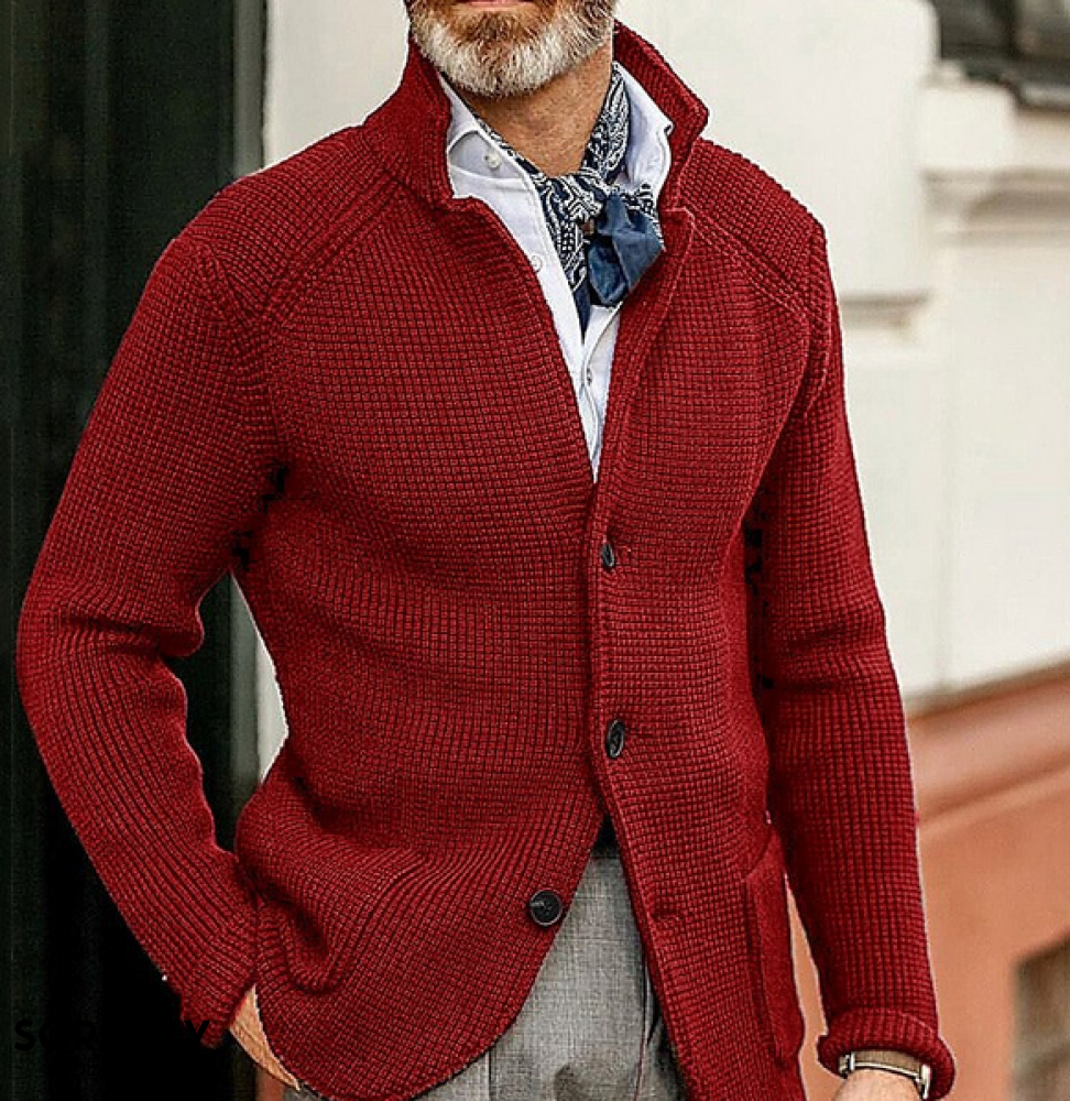 Men's textured button-front blazer with stand collar and long sleeves