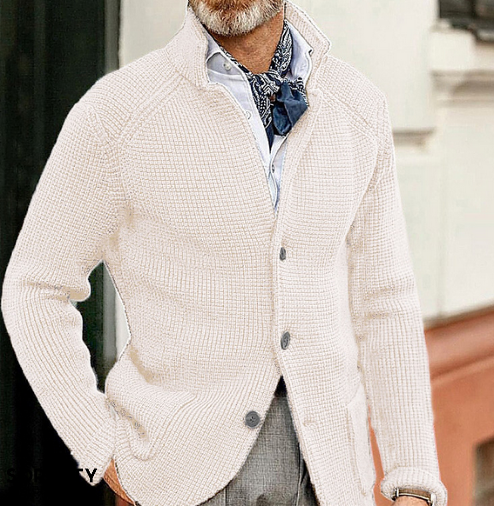 Men's textured button-front blazer with stand collar and long sleeves