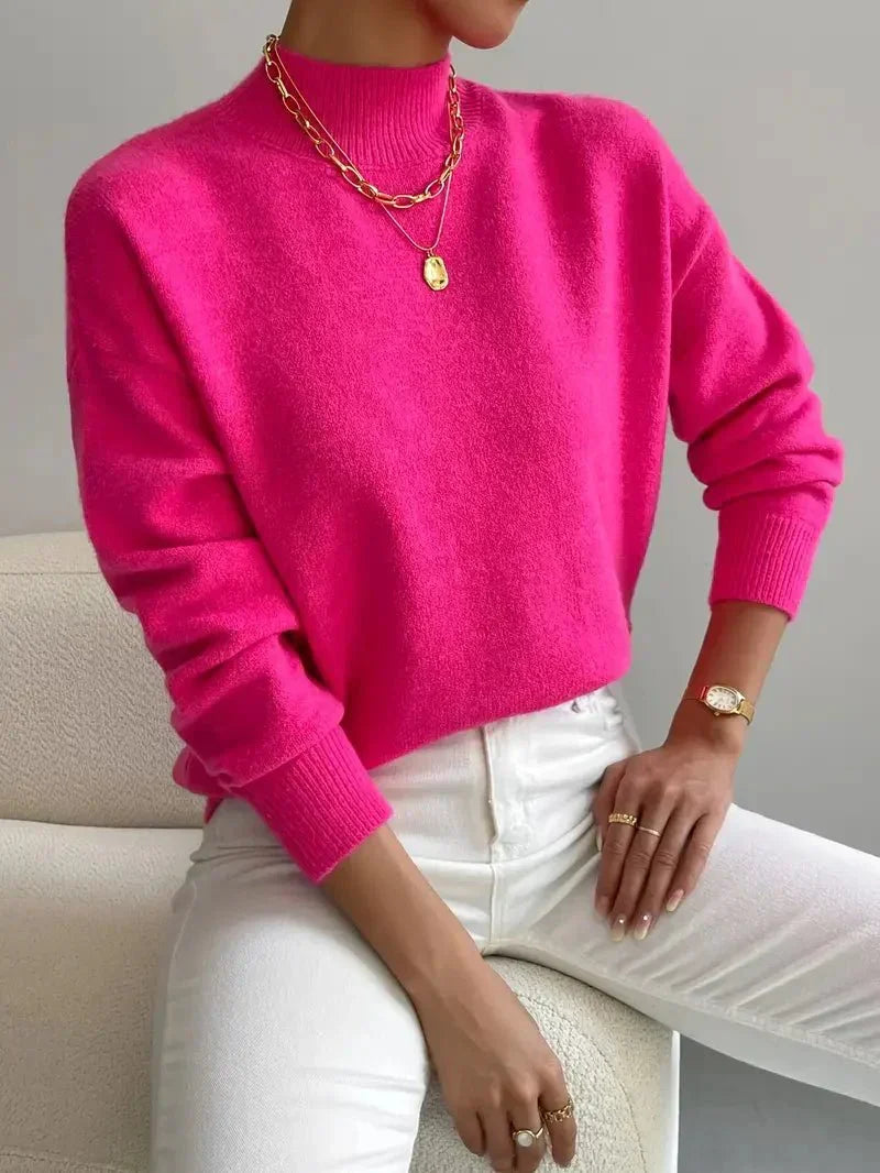 Women's long-sleeve mock neck sweater with ribbed trims