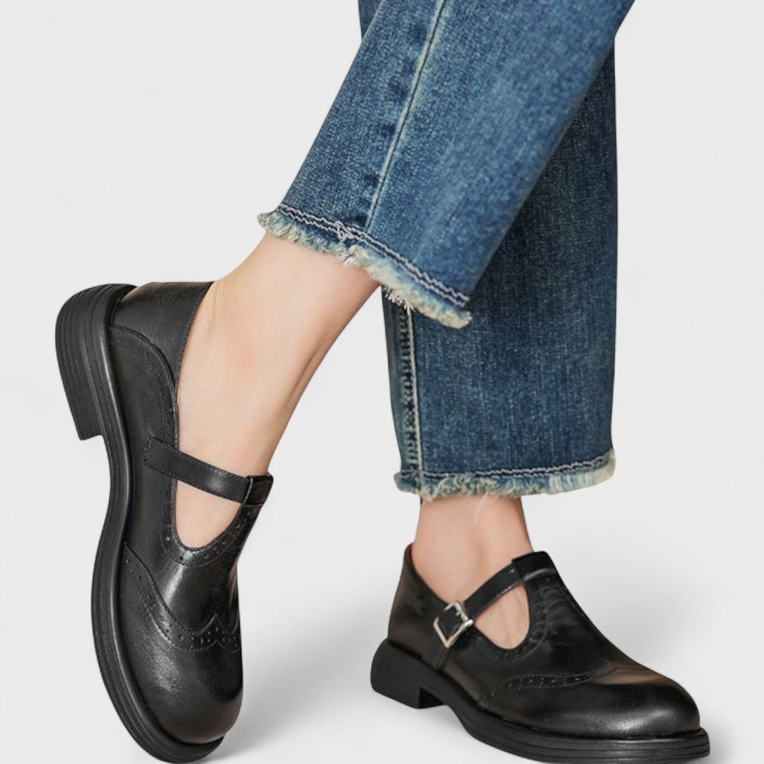 Women's Mary Jane shoes with brogue detailing, buckle straps and low block heels
