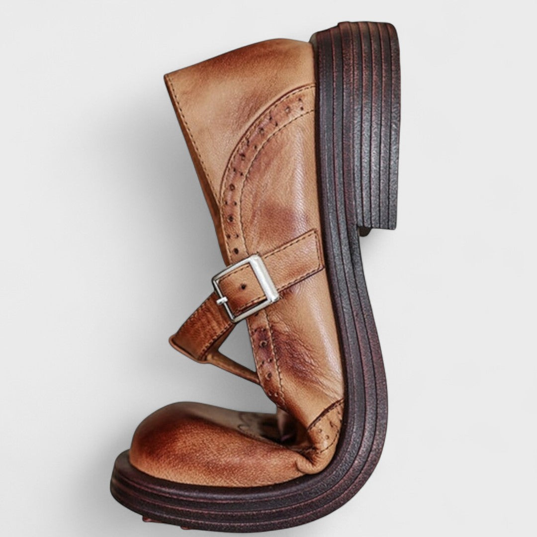Women's Mary Jane shoes with brogue detailing, buckle straps and low block heels