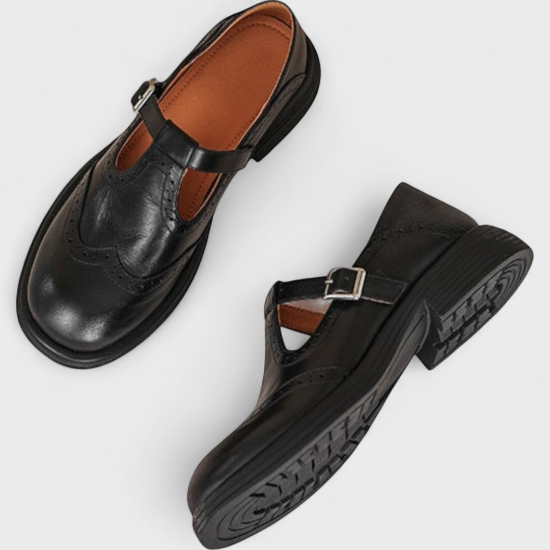 Women's Mary Jane shoes with brogue detailing, buckle straps and low block heels