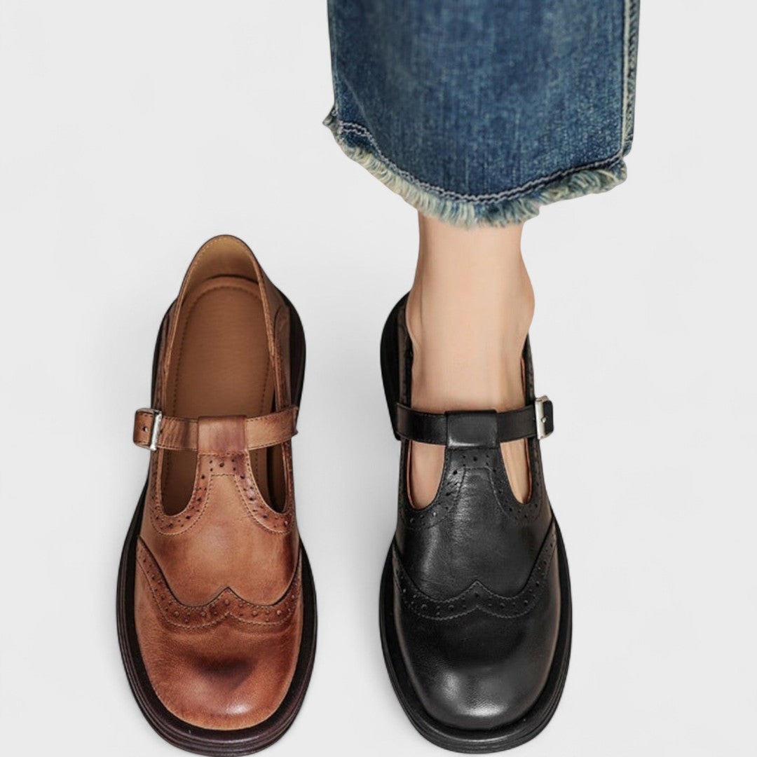 Women's Mary Jane shoes with brogue detailing, buckle straps and low block heels