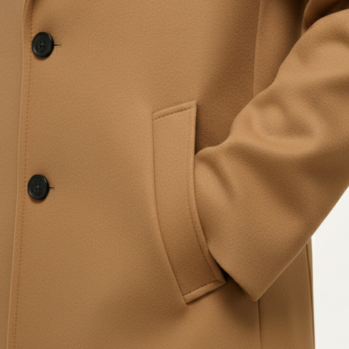 Men's long button overcoat with notched lapels and side pockets