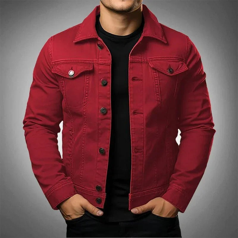 Men's Denim Jacket Slim Fit Button-Up - Red