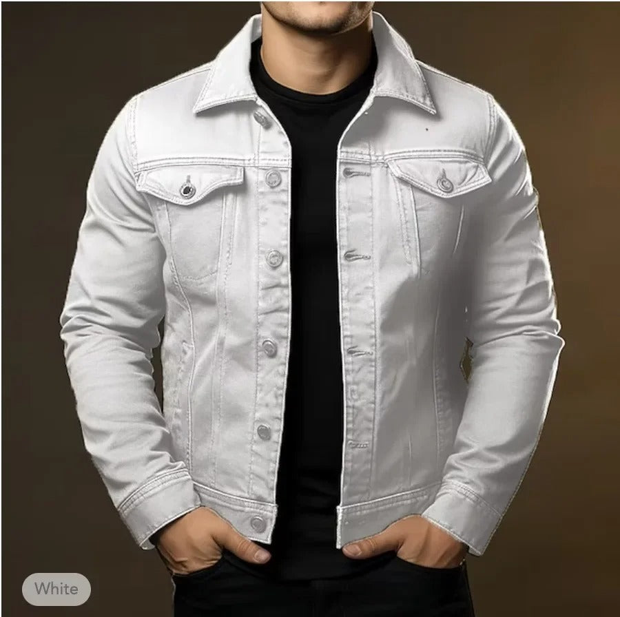 Men's Denim Jacket Slim Fit Button-Up - White