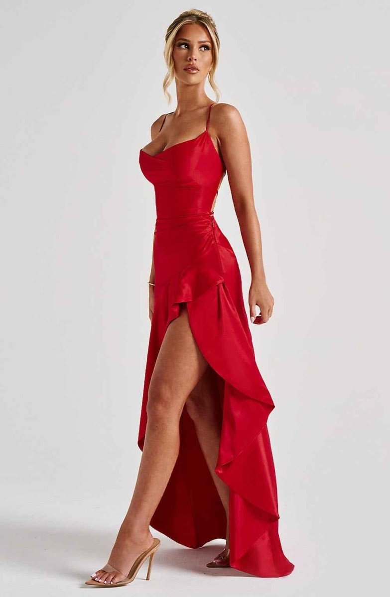 Women’s Cross-Back Ruffle Maxi Dress | High Split Evening Gown