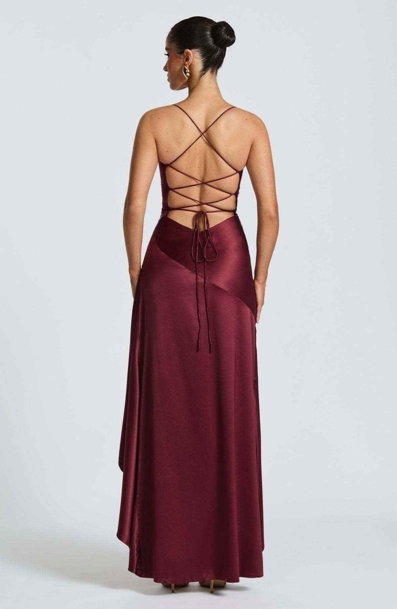 Women’s Cross-Back Ruffle Maxi Dress | High Split Evening Gown
