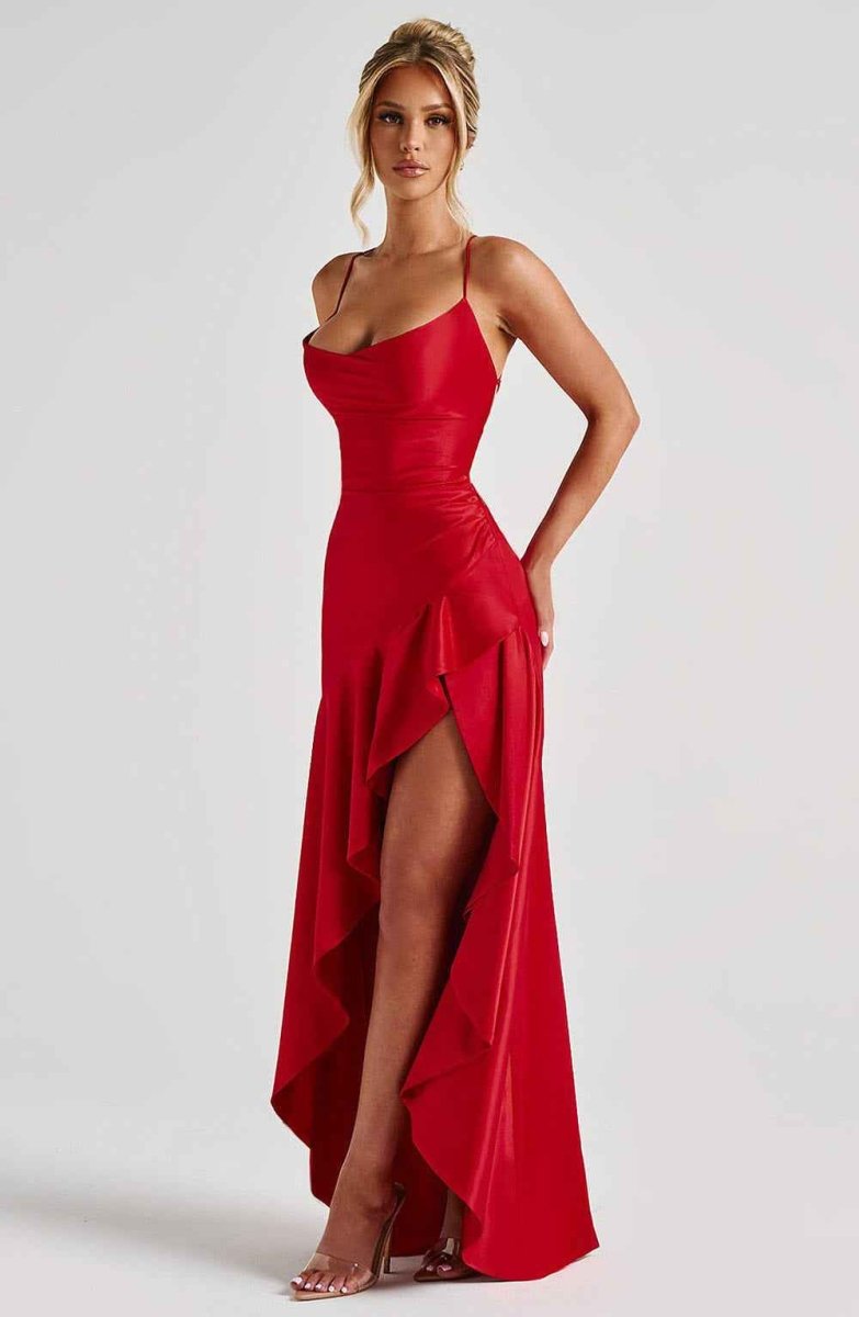 Women’s Cross-Back Ruffle Maxi Dress | High Split Evening Gown