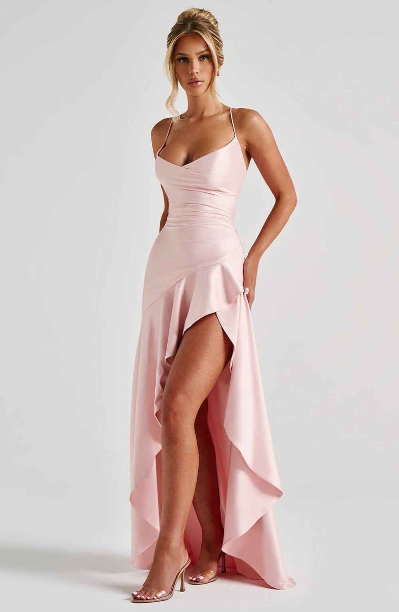 Women’s Cross-Back Ruffle Maxi Dress | High Split Evening Gown