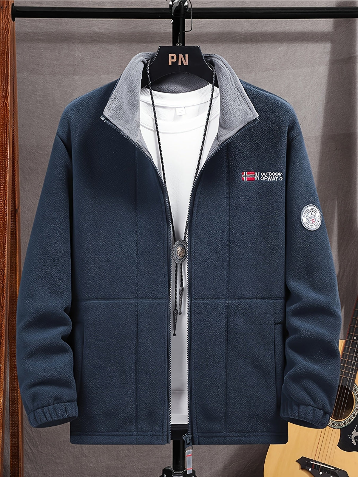 Men's full-zip jacket with stand collar, contrast lining and front pockets