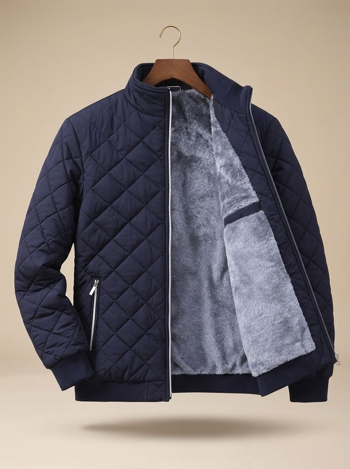 Men's diamond quilted jacket with stand collar, full zip and fleece-like lining