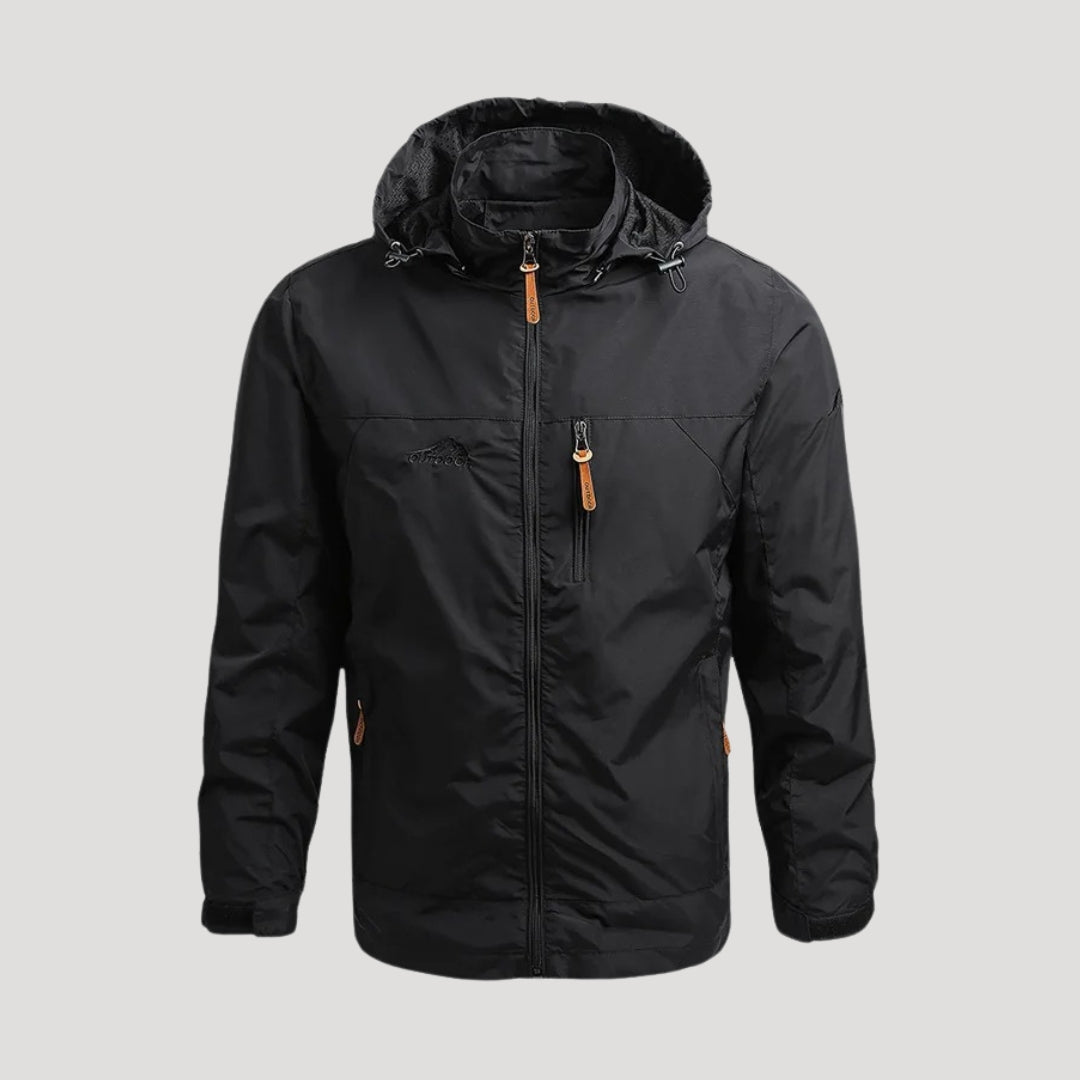 Men's hooded full-zip windbreaker jacket with long sleeves and zipped pockets