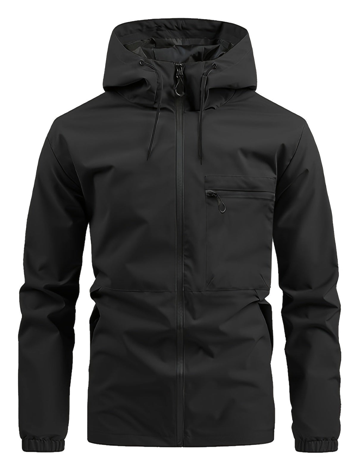 Men's hooded zip front windbreaker jacket with chest pocket and elastic cuffs