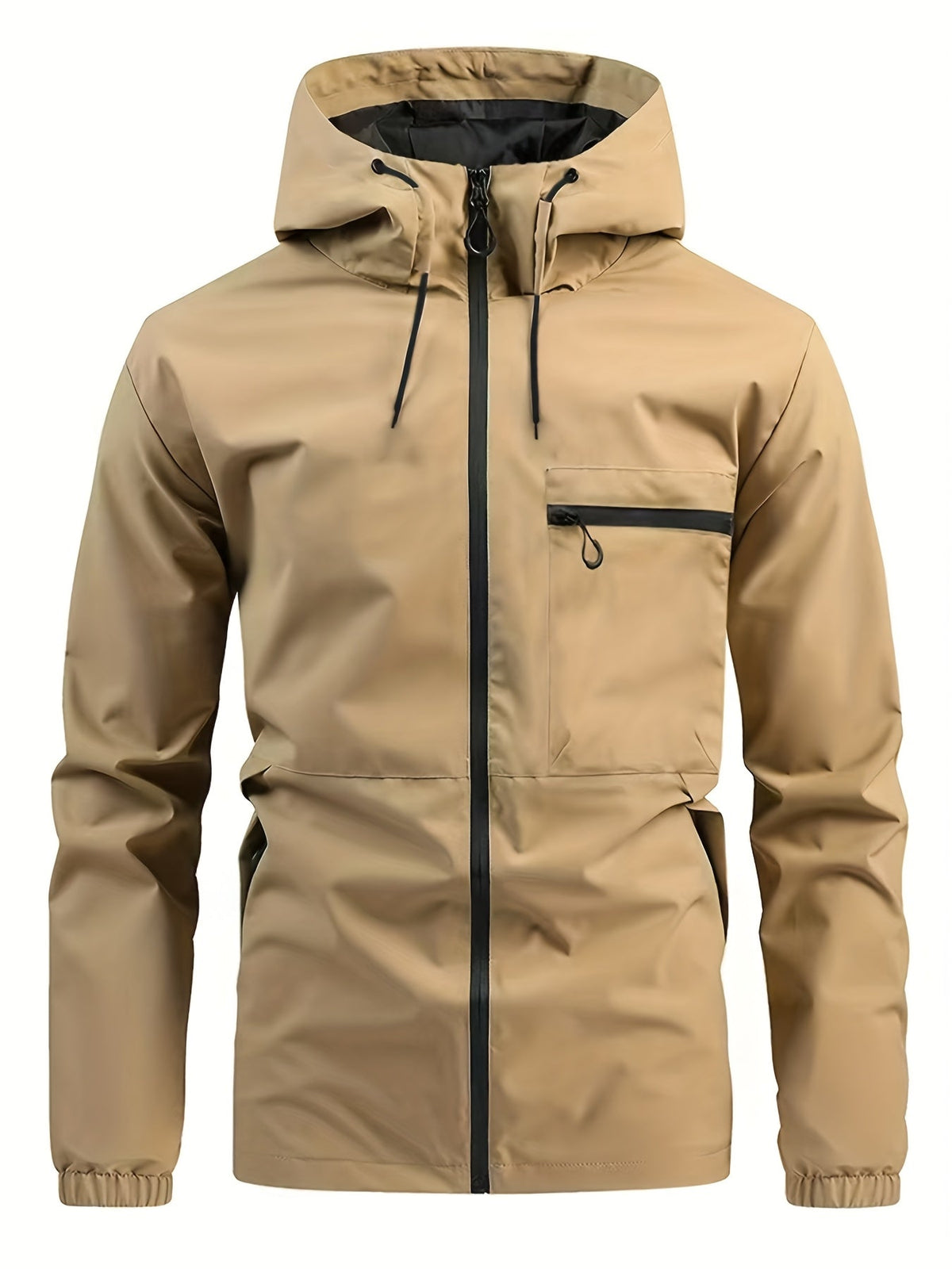 Men's hooded zip front windbreaker jacket with chest pocket and elastic cuffs