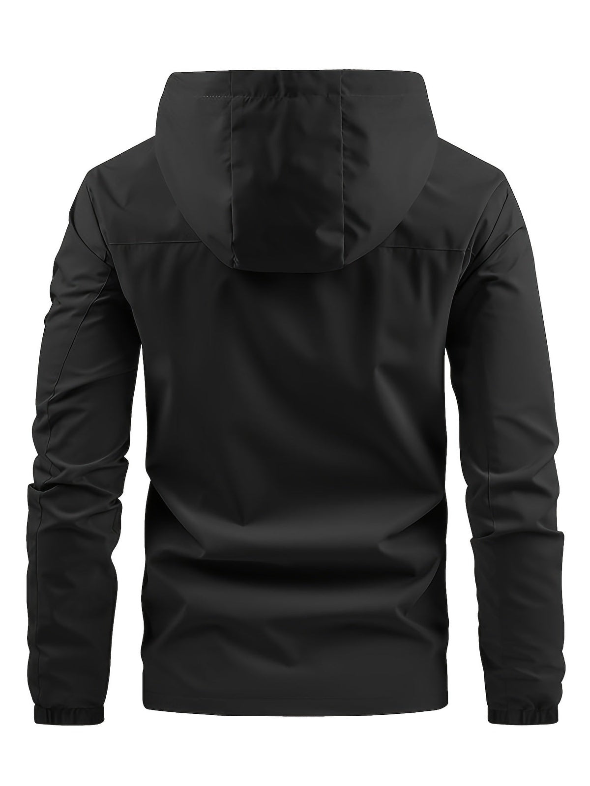 Men's hooded zip front windbreaker jacket with chest pocket and elastic cuffs