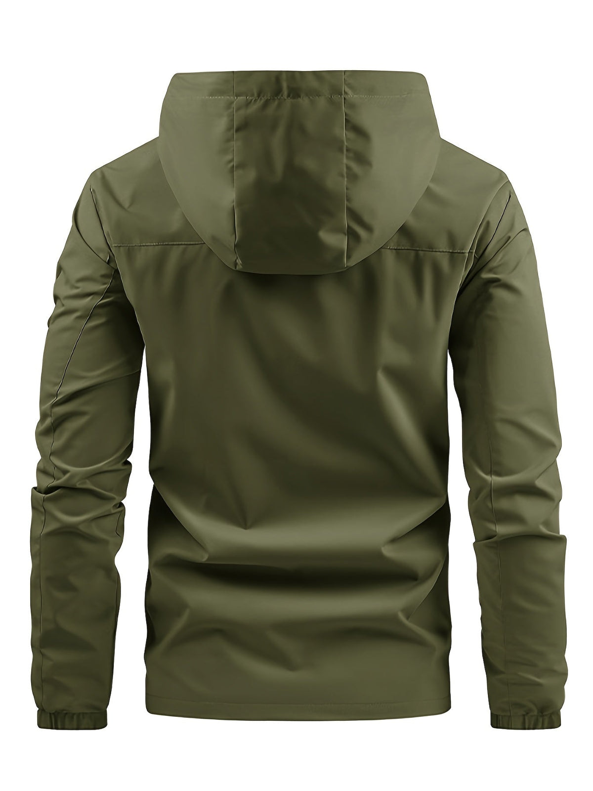 Men's hooded zip front windbreaker jacket with chest pocket and elastic cuffs