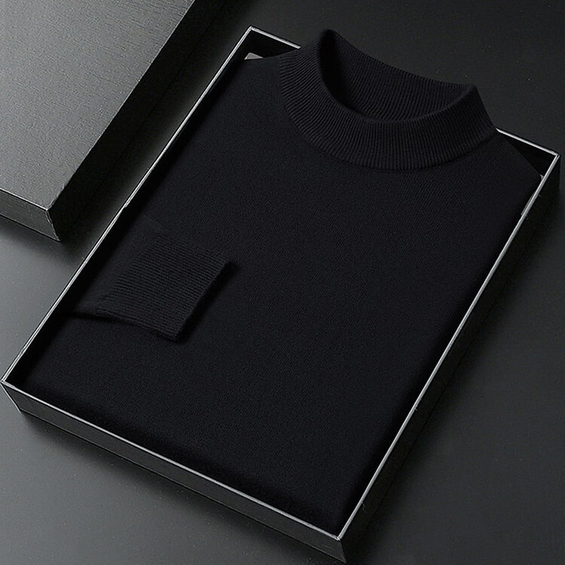Men's plain knitted mock neck jumper with long sleeves and ribbed trims