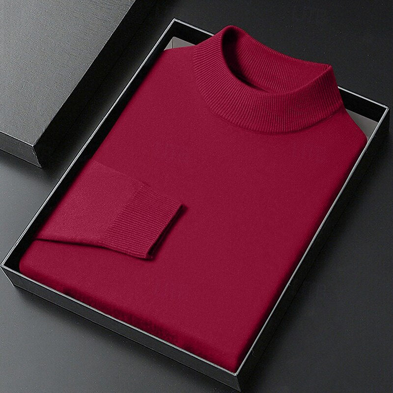 Men's plain knitted mock neck jumper with long sleeves and ribbed trims