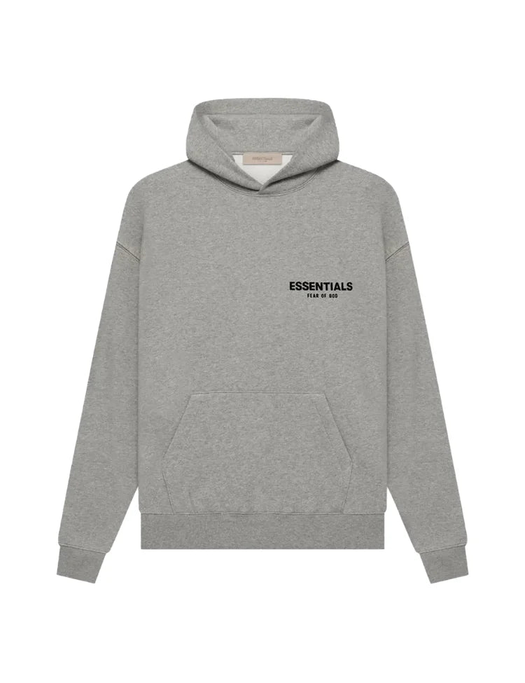 Men's oversized pullover hoodie with hood, long sleeves and Essentials Fear of God text graphic