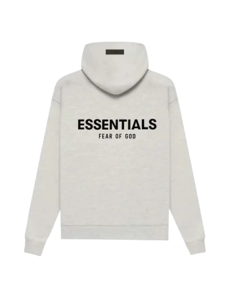 Men's oversized pullover hoodie with hood, long sleeves and Essentials Fear of God text graphic