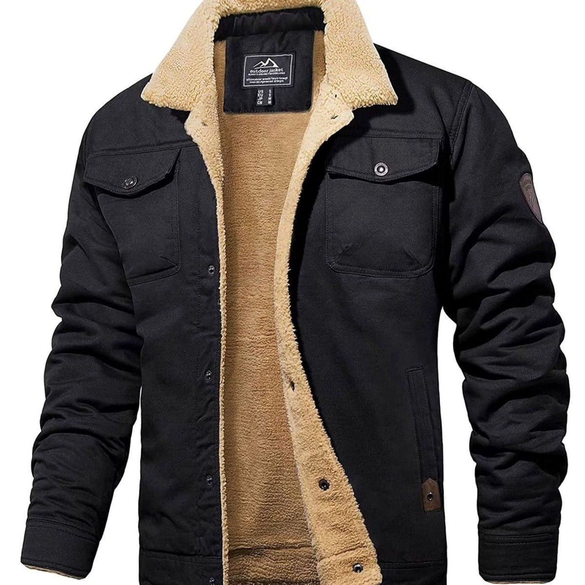 Men's sherpa lined trucker jacket with pointed collar, long sleeves, snap front and multiple pockets
