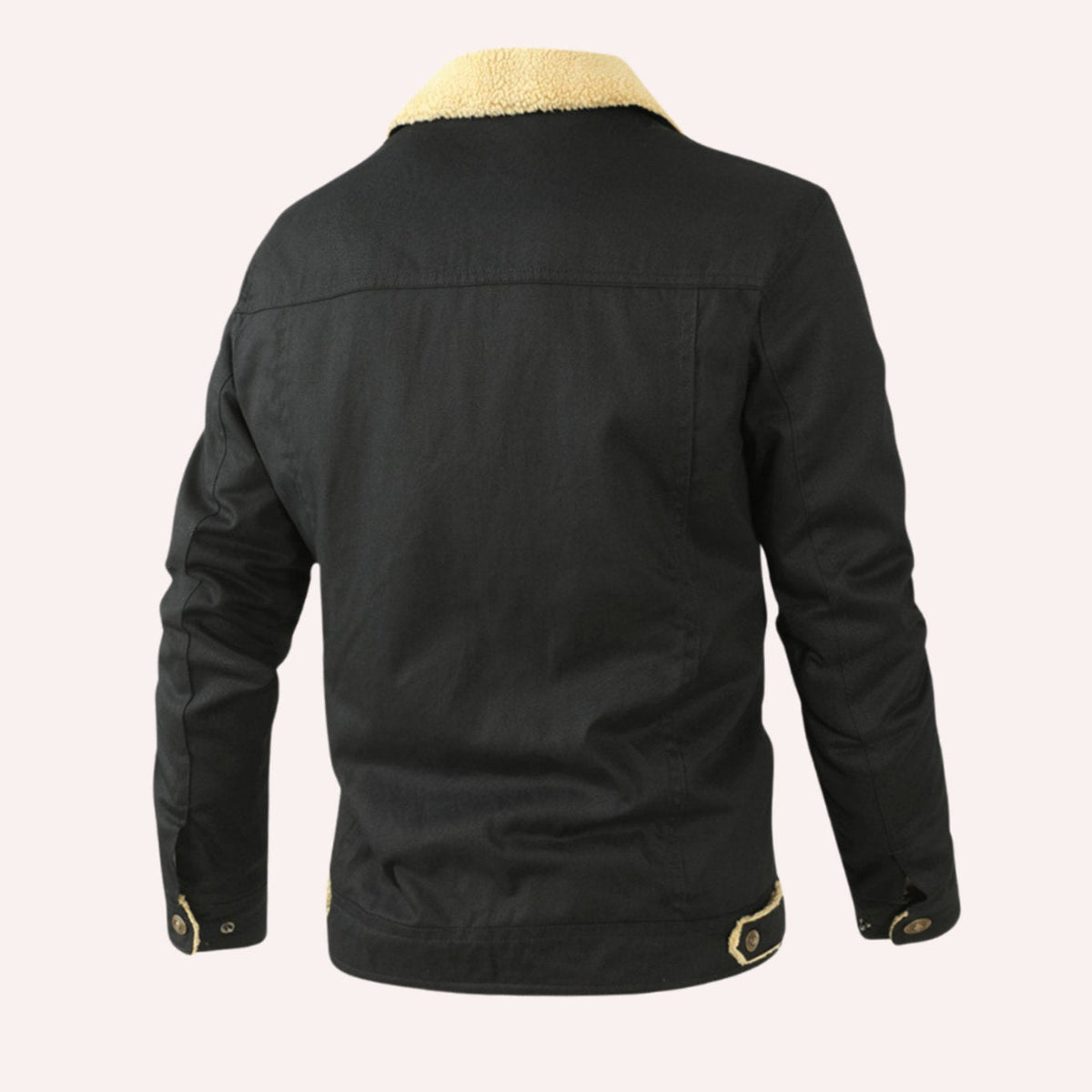 Men's sherpa lined trucker jacket with pointed collar, long sleeves, snap front and multiple pockets