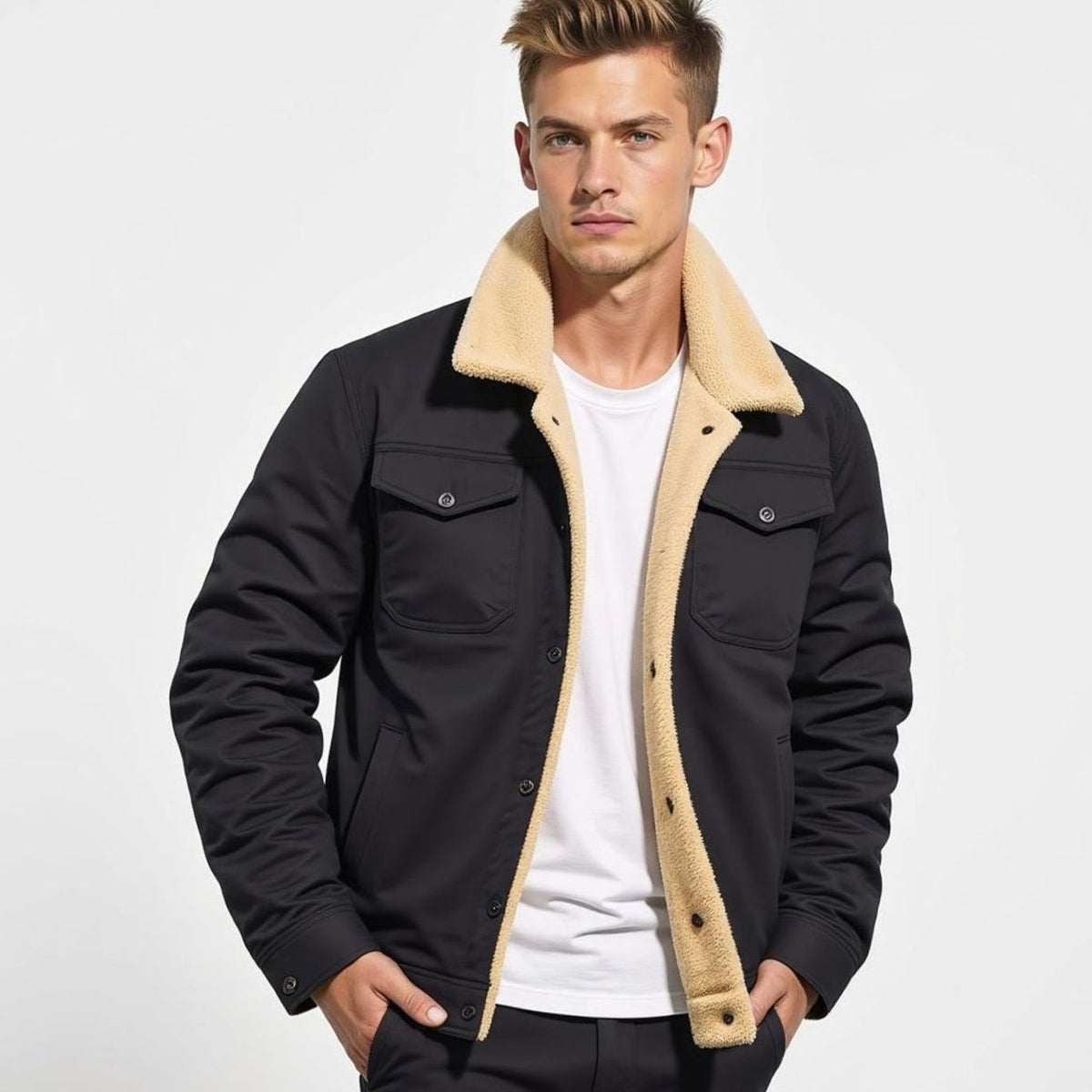 Men's sherpa lined trucker jacket with pointed collar, long sleeves, snap front and multiple pockets