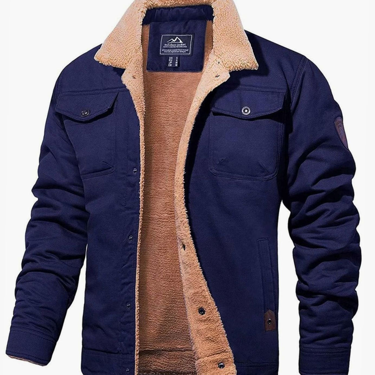 Men's sherpa lined trucker jacket with pointed collar, long sleeves, snap front and multiple pockets