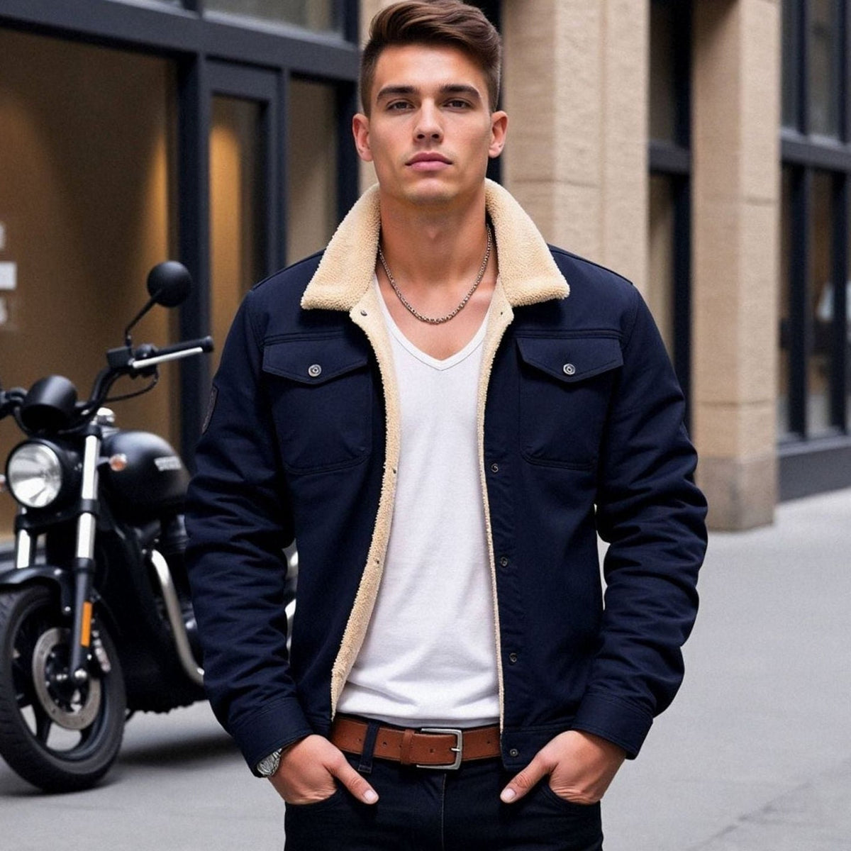 Men's sherpa lined trucker jacket with pointed collar, long sleeves, snap front and multiple pockets