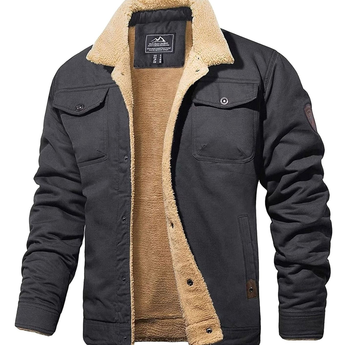 Men's sherpa lined trucker jacket with pointed collar, long sleeves, snap front and multiple pockets