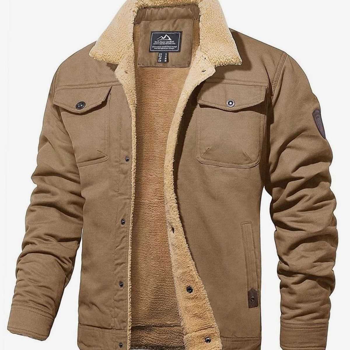 Men's sherpa lined trucker jacket with pointed collar, long sleeves, snap front and multiple pockets