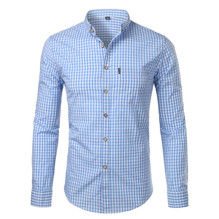 Men's slim fit checked button-down shirt with long sleeves and curved hem