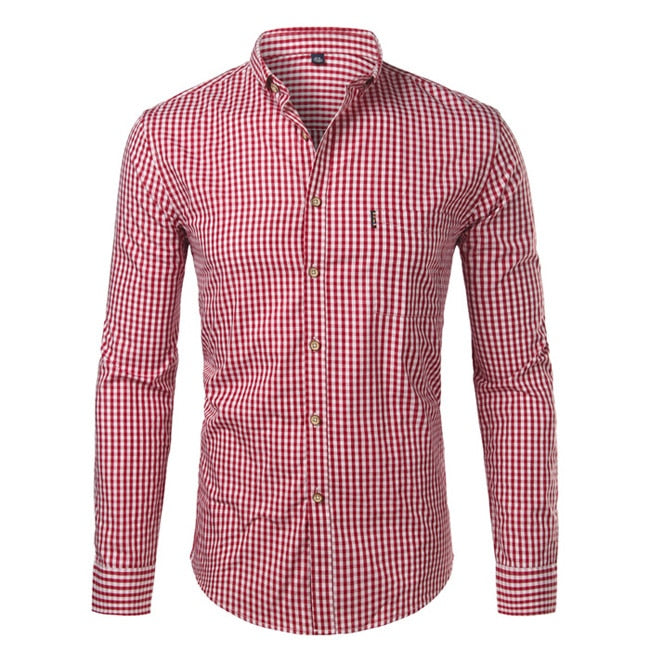 Men's slim fit checked button-down shirt with long sleeves and curved hem