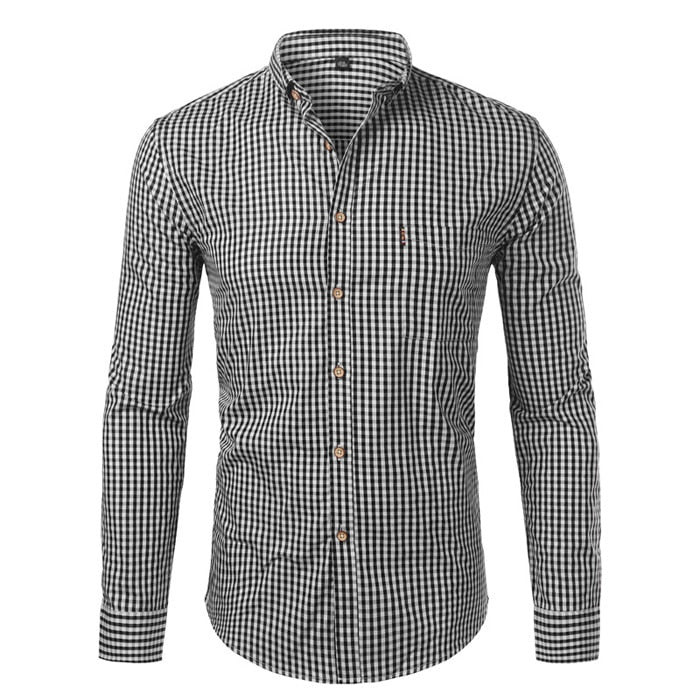 Men's slim fit checked button-down shirt with long sleeves and curved hem
