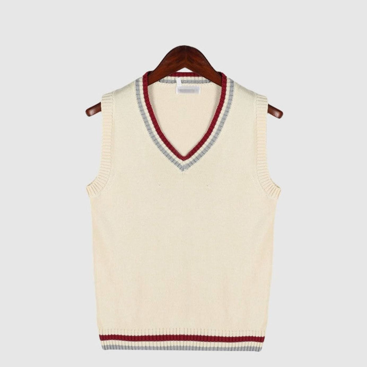 Women's sleeveless cable-knit sweater vest with striped V-neck and hem