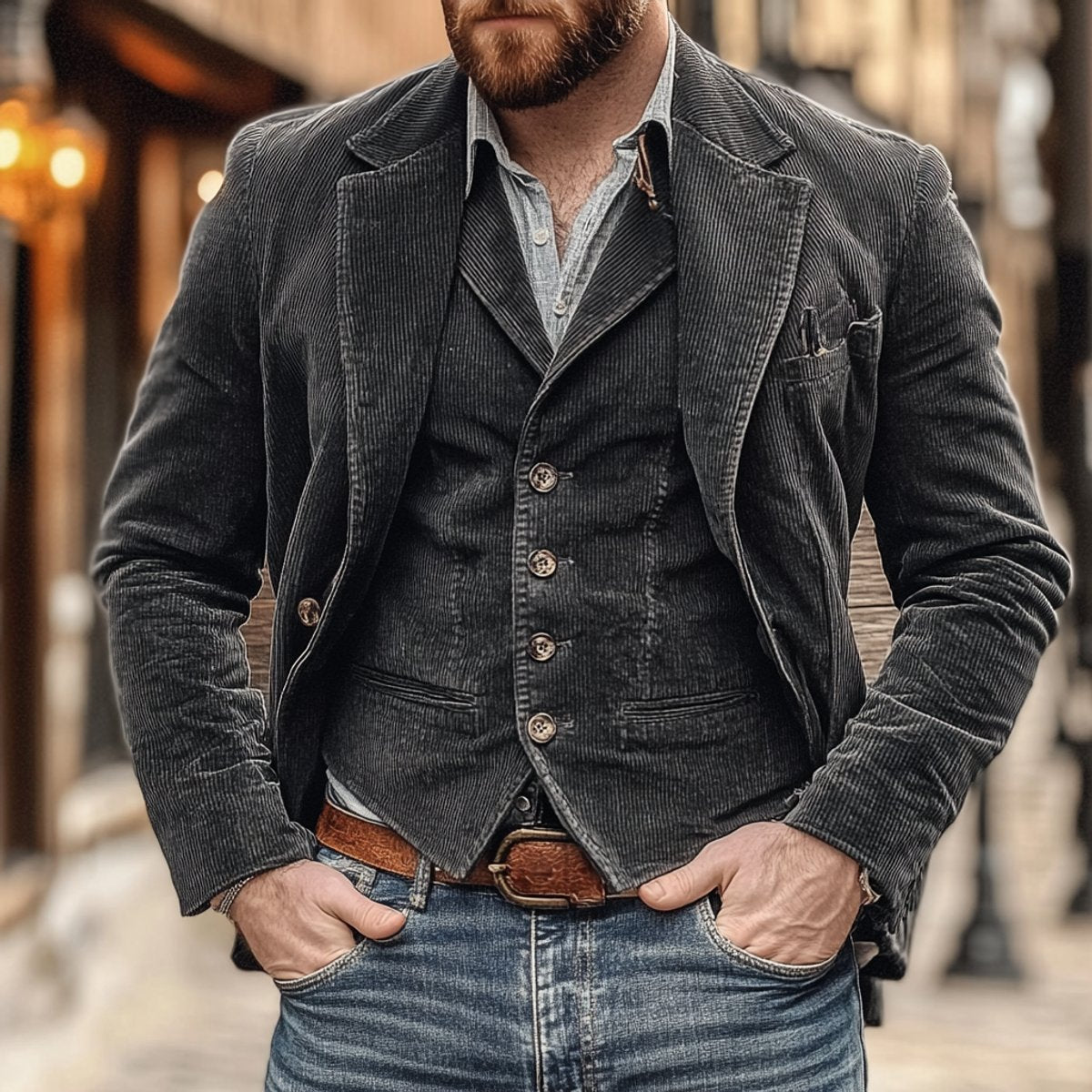 Men's corduroy blazer and waistcoat set with notch lapels and button fastenings