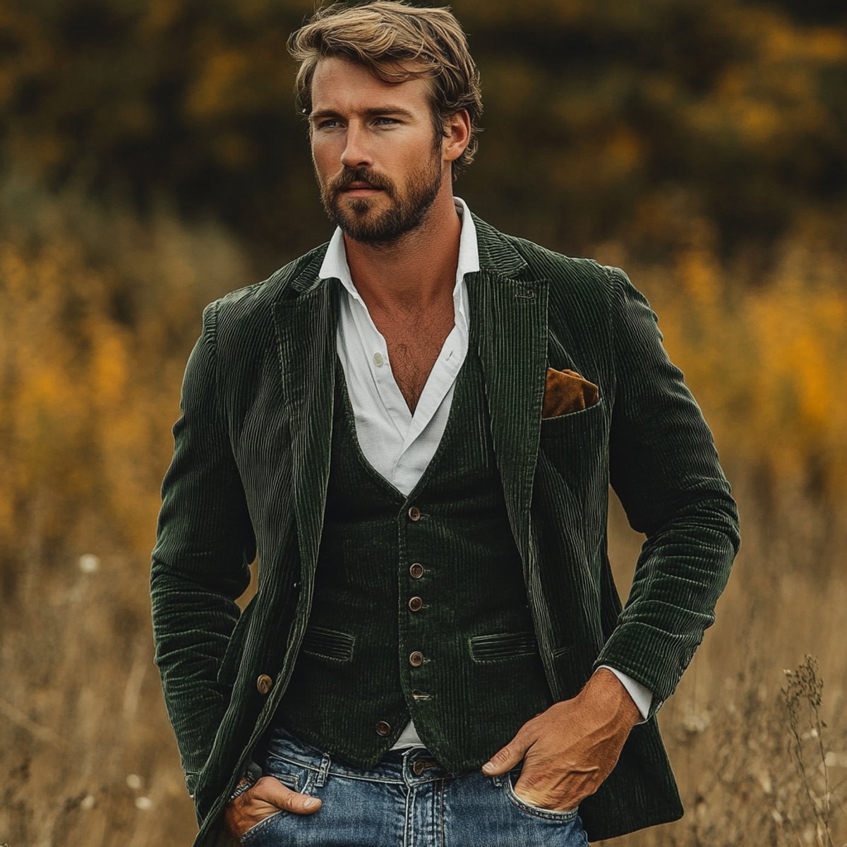 Men's corduroy blazer and waistcoat set with notch lapels and button fastenings