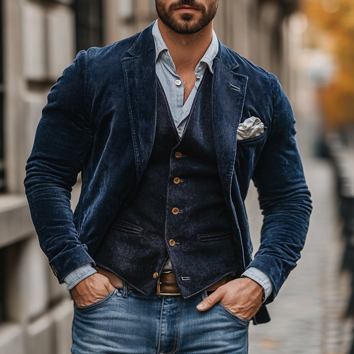 Men's corduroy blazer and waistcoat set with notch lapels and button fastenings