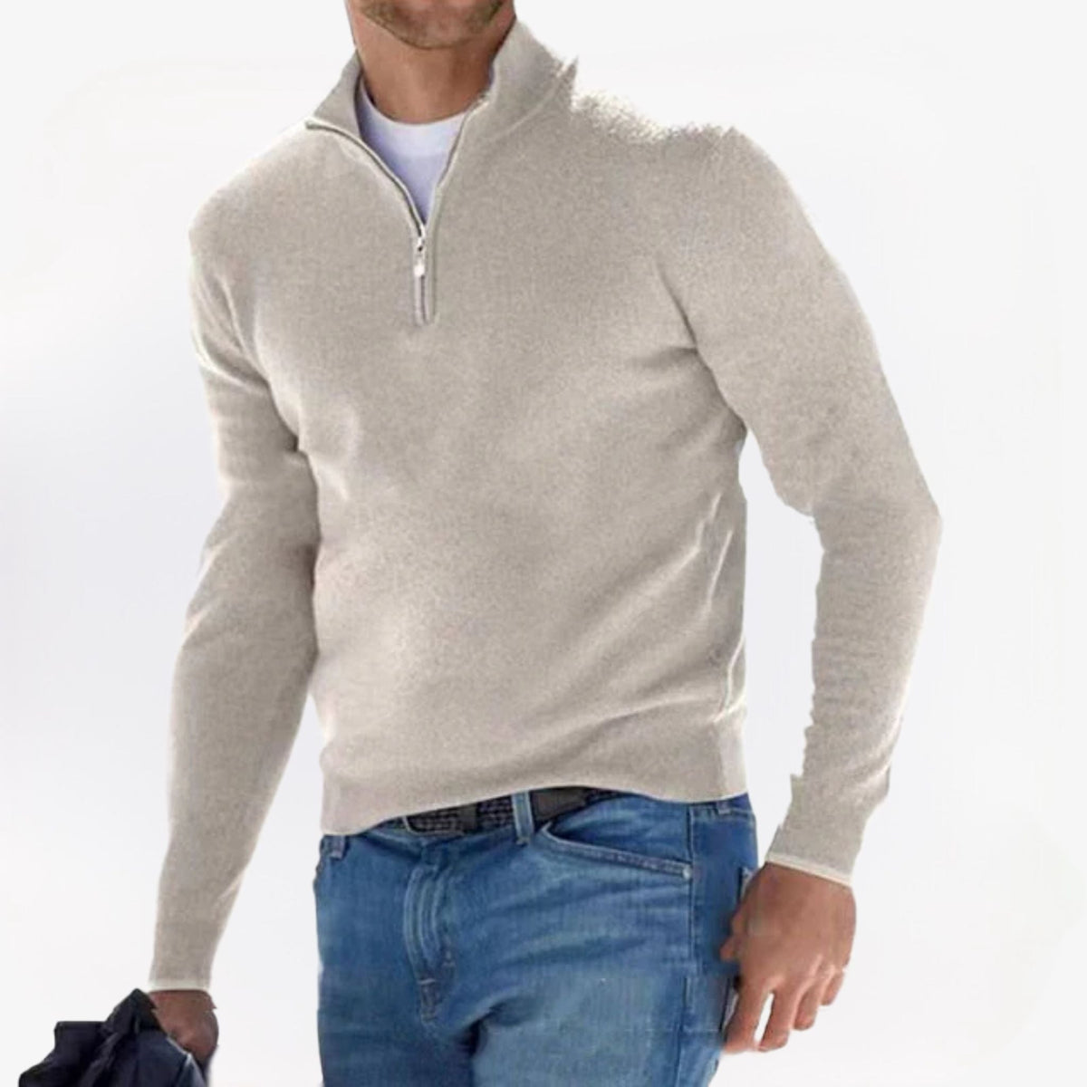 Men's plain quarter-zip jumper with high collar and long sleeves