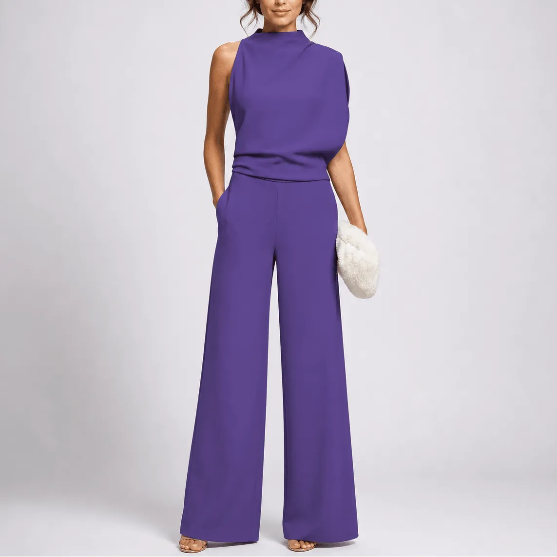 Women's sleeveless high-neck wide-leg jumpsuit with side pockets