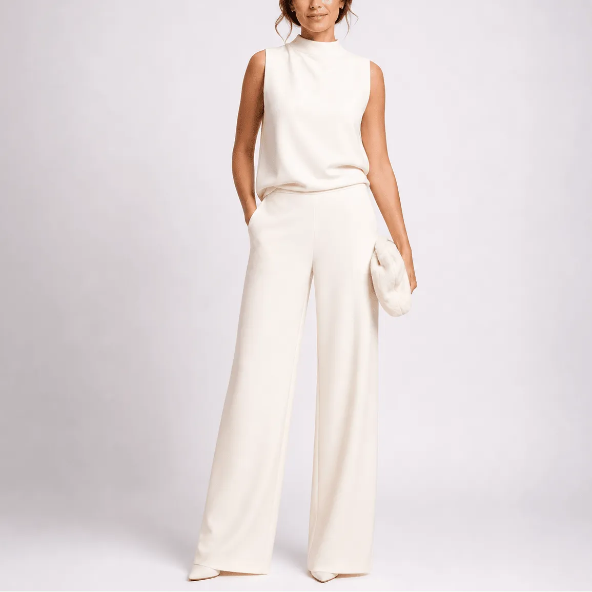 Women's sleeveless high-neck wide-leg jumpsuit with side pockets