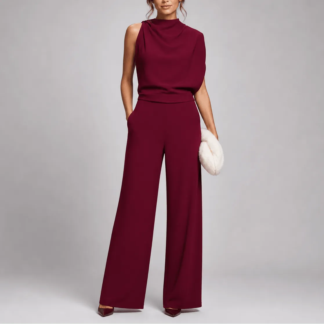 Women's sleeveless high-neck wide-leg jumpsuit with side pockets