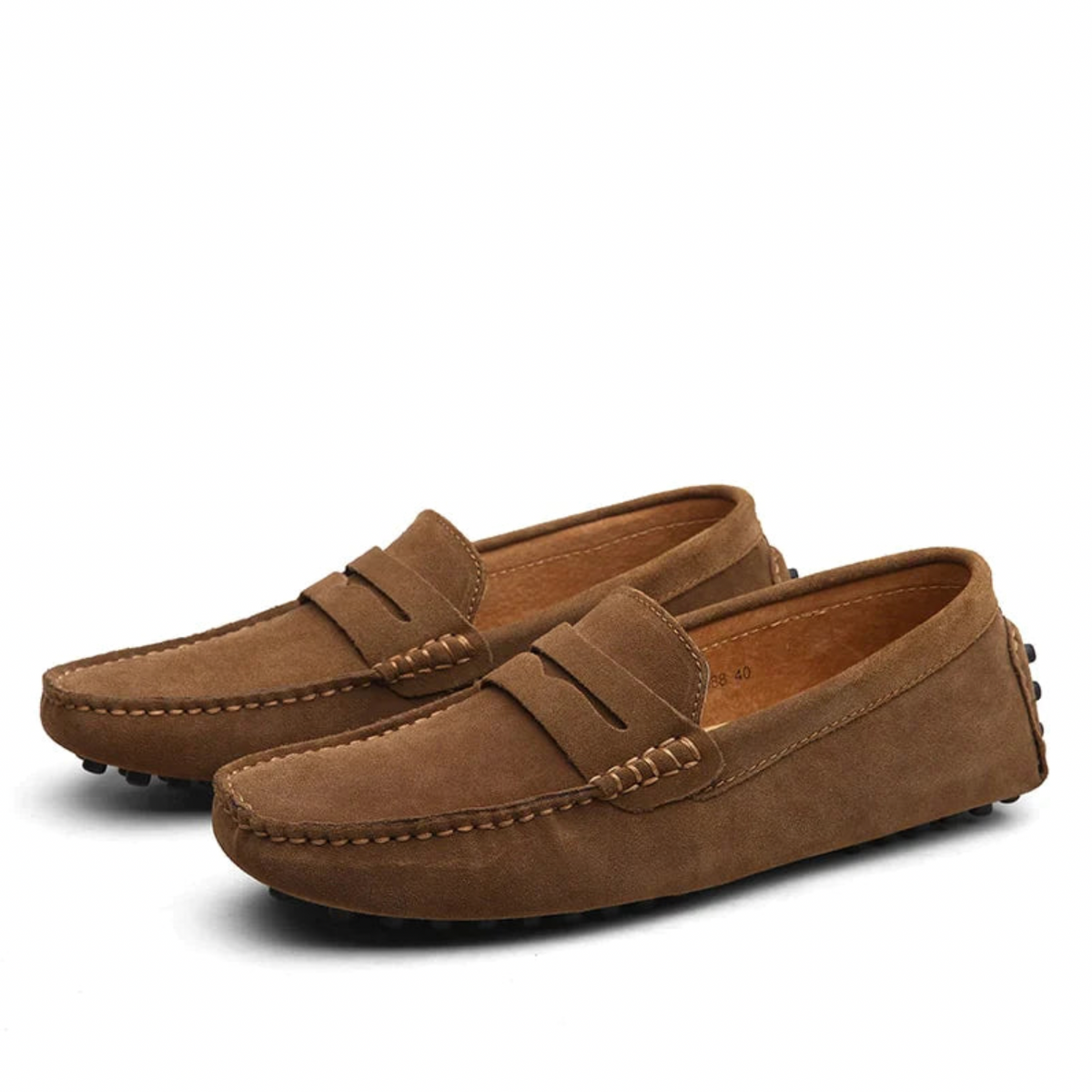 Men's moccasin driving loafers with stitched toes and vamp straps