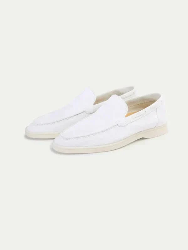 Men's white classic slip-on loafers with rounded toes and flat soles