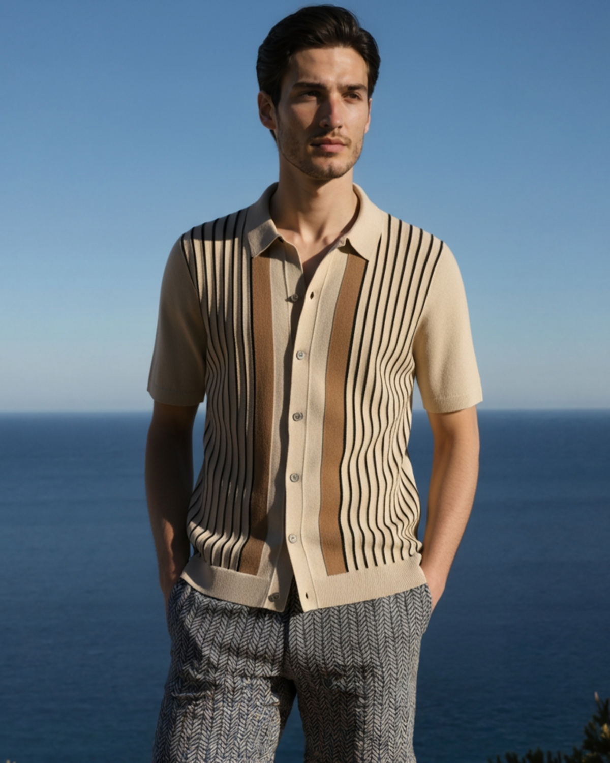 Men's cream striped knit polo shirt with short sleeves and button front